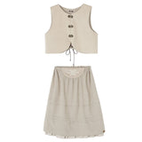 Popelin Beige Velvet Vest And Midi Skirt With Tucks And Embroidered Yoke (104.1 / 106.1)