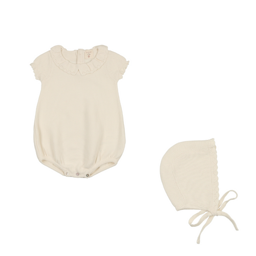 Lilette Knit Collar Ruffle Romper & Bonnet - Cream