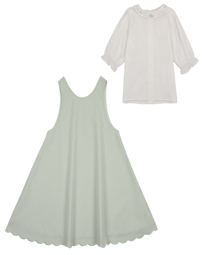 Little Tempest Scallop Hem Jumper And Embroidered Blouse Set - Mint Green/White