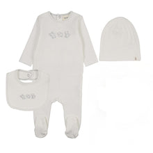 Load image into Gallery viewer, Mema Knits Embroidered Stitch Teddy Footie, Beanie &amp; Bib -Winter White/Blue Stitching