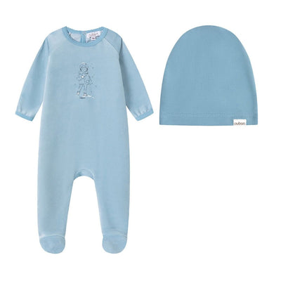 Oubon Boy In Snow Print Velour Footie And Hat - Blue