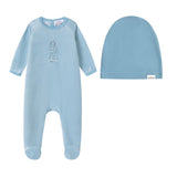 Oubon Boy In Snow Print Velour Footie And Hat - Blue