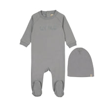 Load image into Gallery viewer, Mema Knits Sherpa Wordart Footie &amp; Beanie - Dove Blue