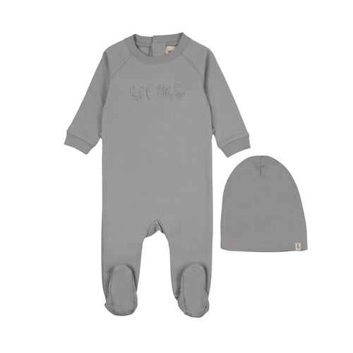 Mema Knits Sherpa Wordart Footie & Beanie - Dove Blue