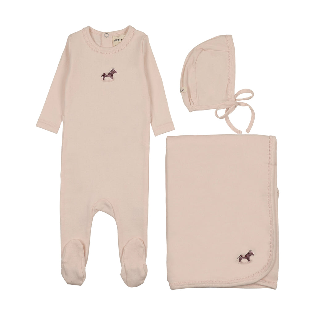 Mema Knits Pointelle Embroidered Horse Rocker Layette Set - Baby Blush