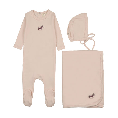 Mema Knits Pointelle Embroidered Horse Rocker Layette Set - Baby Blush