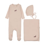 Mema Knits Pointelle Embroidered Horse Rocker Layette Set - Baby Blush