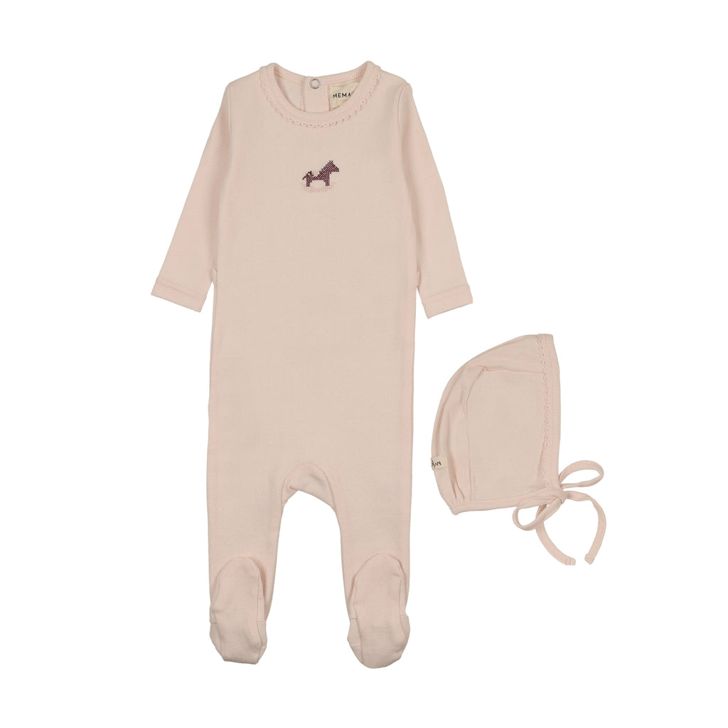 Mema Knits Pointelle Embroidered Horse Rocker Footie & Bonnet - Baby Blush