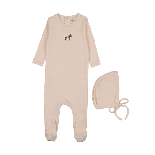 Mema Knits Pointelle Embroidered Horse Rocker Footie & Bonnet - Baby Blush