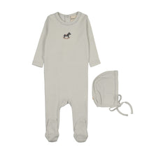 Load image into Gallery viewer, Mema Knits Pointelle Embroidered Horse Rocker Footie &amp; Bonnet - Ice Blue