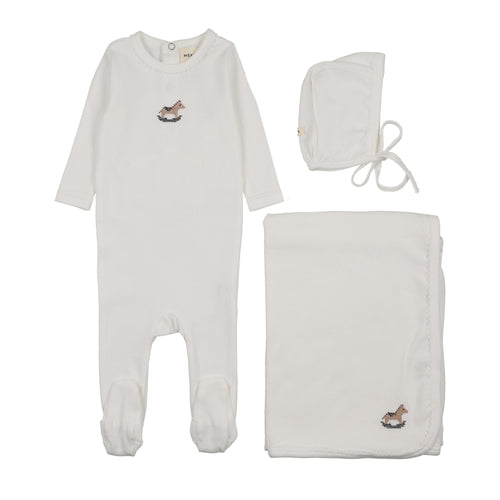 Mema Knits Pointelle Embroidered Horse Rocker Layette Set - Winter White