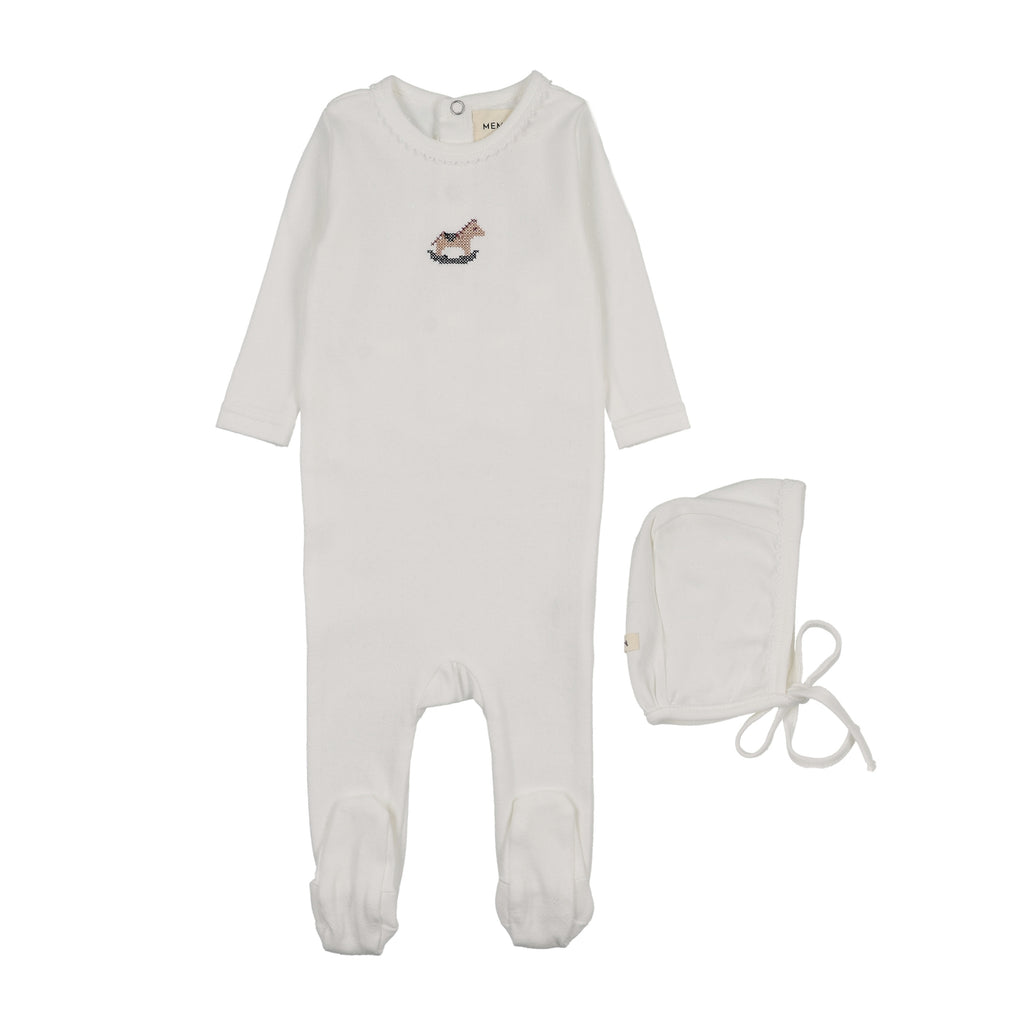 Mema Knits Pointelle Embroidered Horse Rocker Footie & Bonnet - Winter White