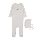 Mema Knits Pointelle Embroidered Horse Rocker Footie & Bonnet - Winter White