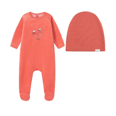 Oubon Bootie Print Velour Footie And Hat - Pink