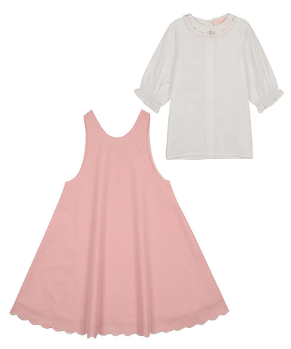 Little Tempest Scallop Hem Jumper And Embroidered Blouse Set - Salmon/White