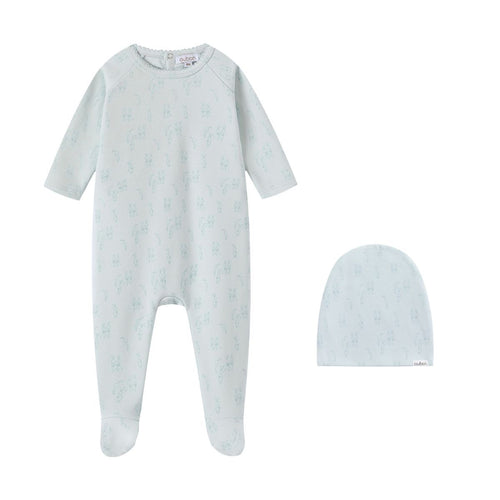 Oubon All Over Bunny Print Footie And Hat - Blue