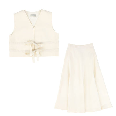 Valentina Bow Front Vest And Waisted A-Line Maxi Skirt Set - Cream