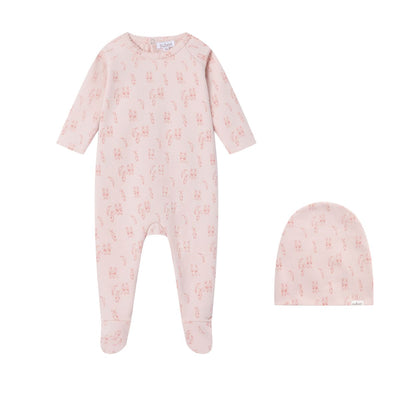 Oubon All Over Bunny Print Footie And Hat - Pink