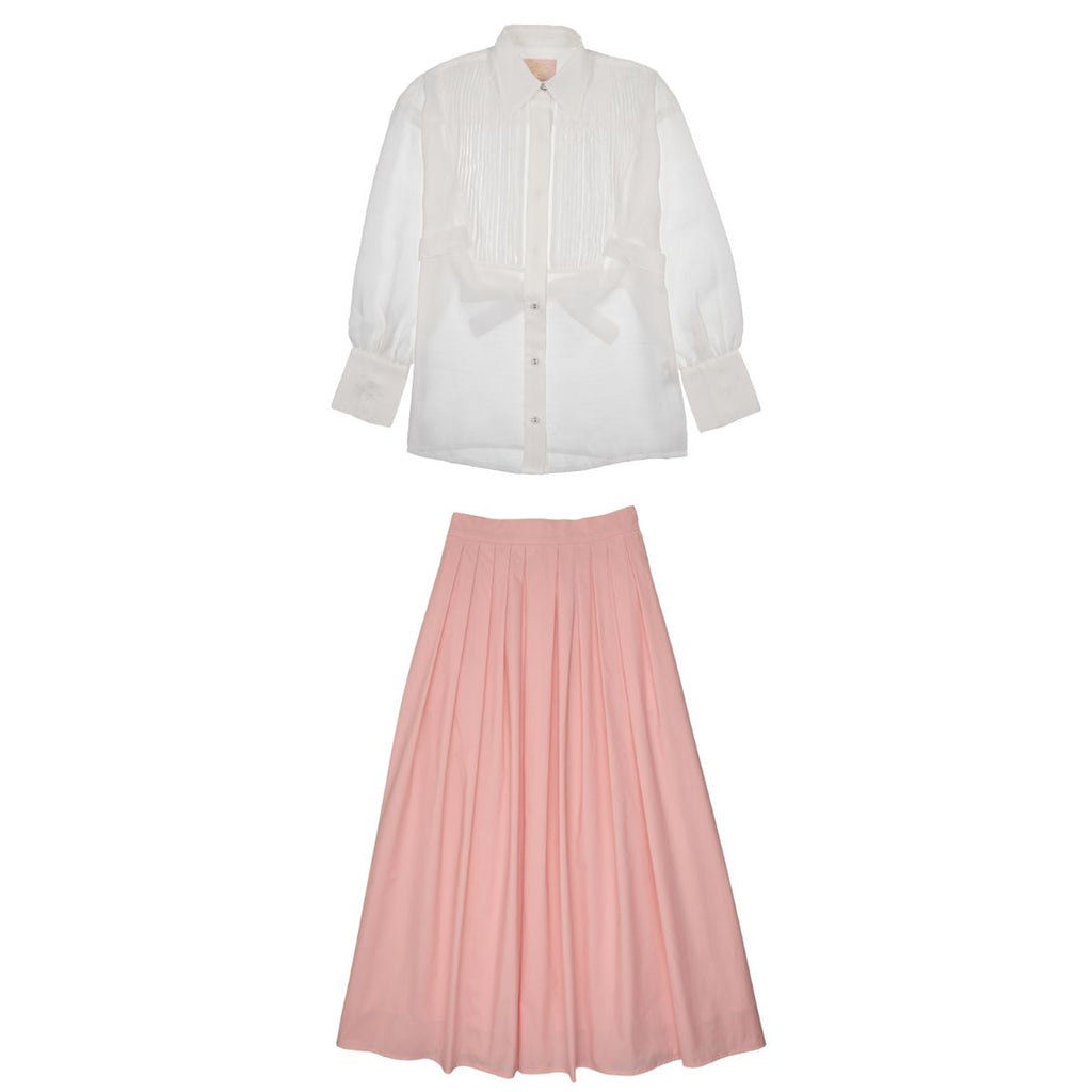 Little Tempest Taffeta Teens Maxi Skirt And Pintuck Shirt Set - Salmon/White