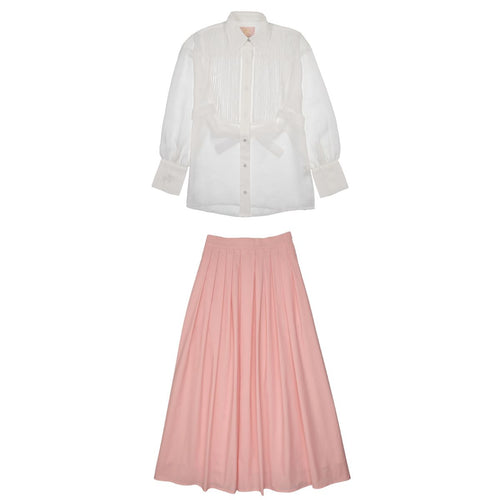 Little Tempest Taffeta Teens Maxi Skirt And Pintuck Shirt Set - Salmon/White