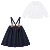 Little Tempest Wool Suspender Skirt And Kerchief Shirt Set - Navy
