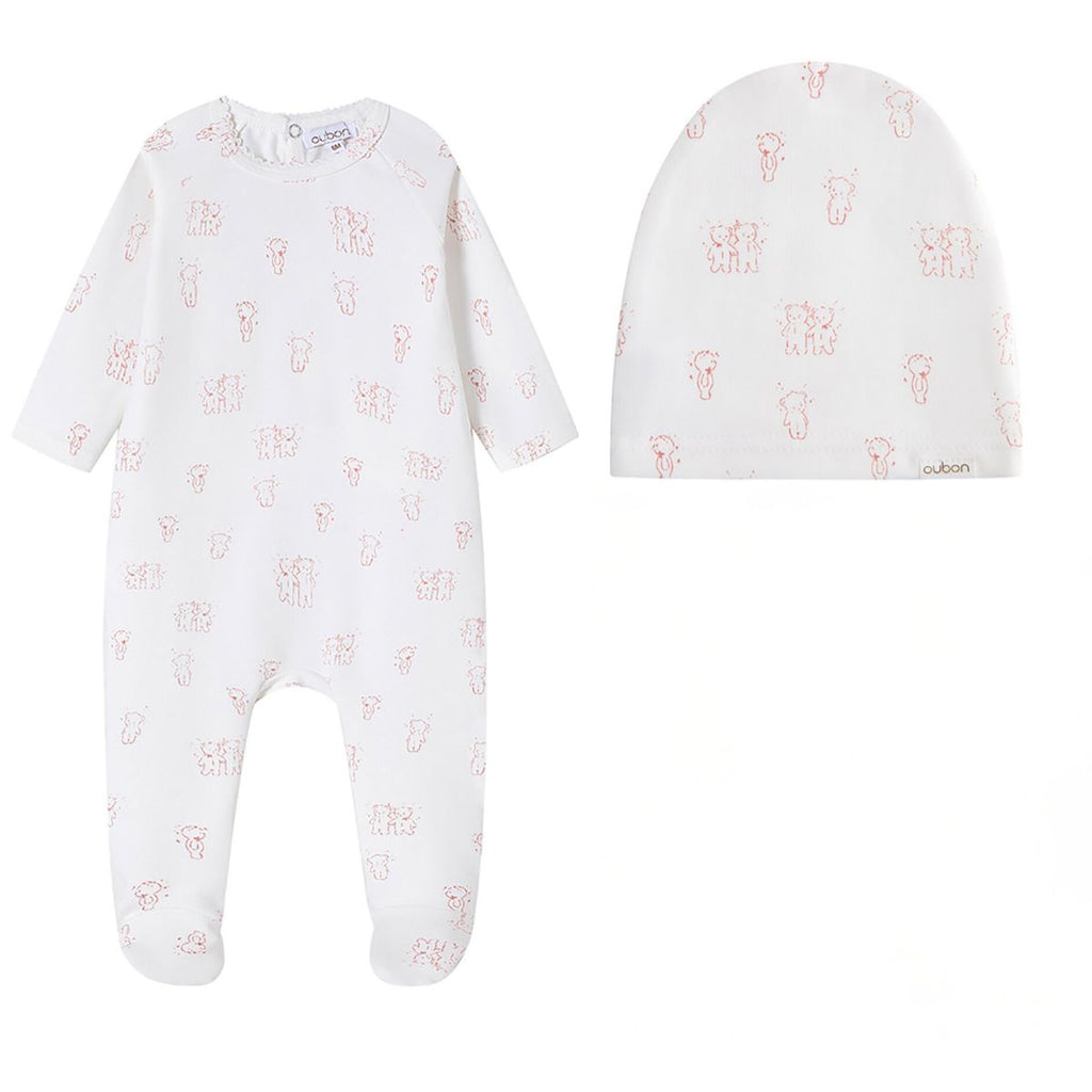 Oubon Teddy All Over Print Footie And Hat - Pink