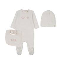 Load image into Gallery viewer, Mema Knits Embroidered Stitch Teddy Footie, Beanie &amp; Bib -Winter White/Pink Stitching