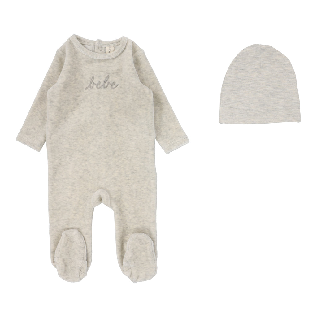 Lilette Velour Bebe Footie And Hat - Heather Oatmeal