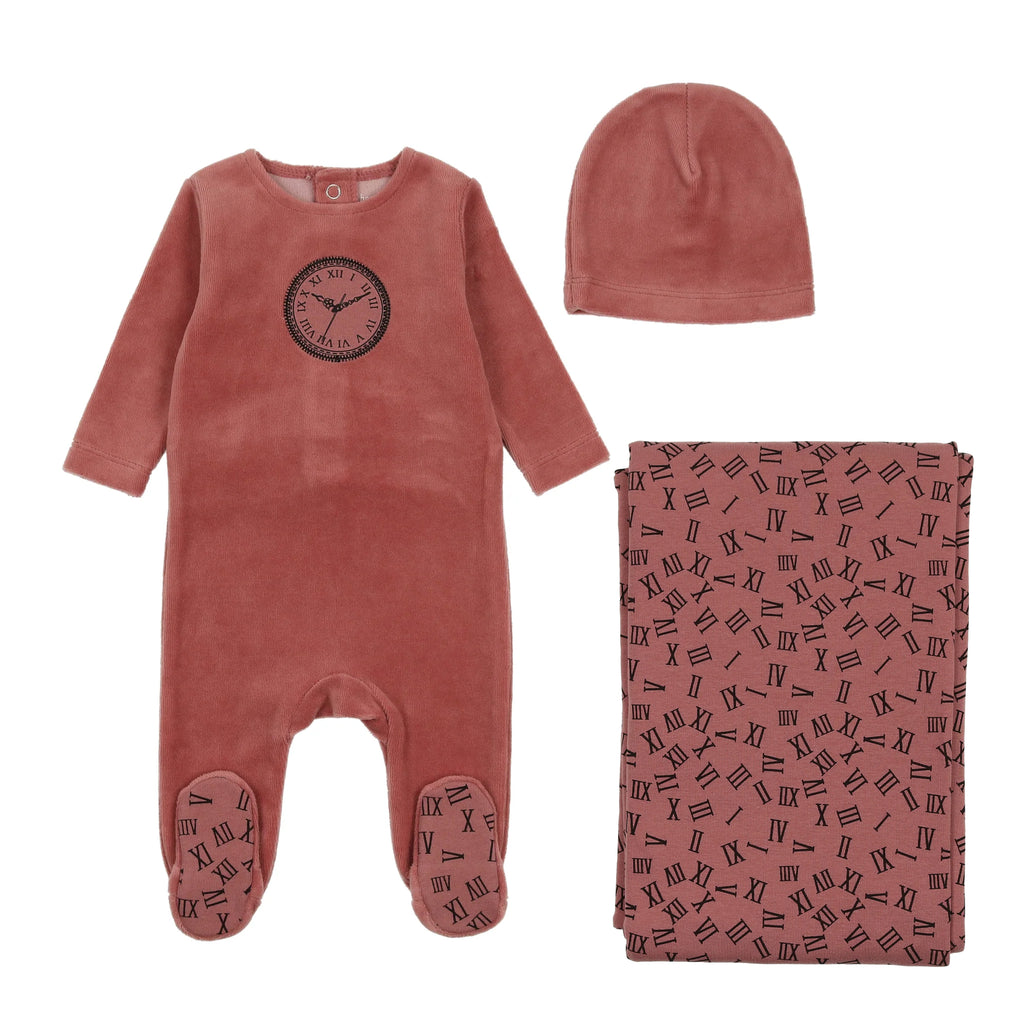 Bee & Dee Clock Velour Layette Set - Rhubarb