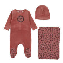 Load image into Gallery viewer, Bee &amp; Dee Clock Velour Layette Set - Rhubarb