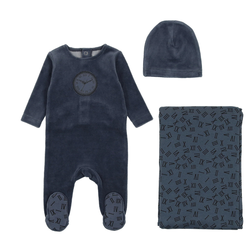 Bee & Dee Clock Velour Layette Set - Navy