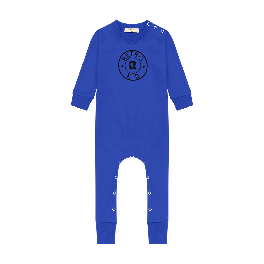 Retro Velour Stamped Baby Romper - Cobalt