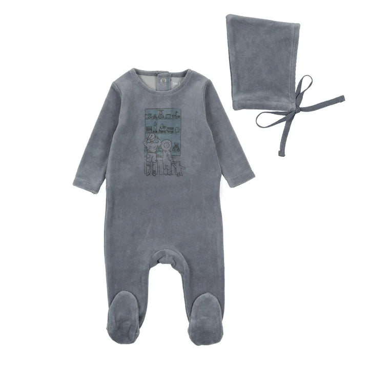 Bee & Dee Velour Window Footie with Beanie - Dusty Blue