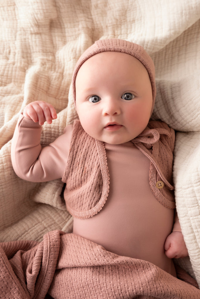 Mini Label Girls Knit Vest Footie And Bonnet