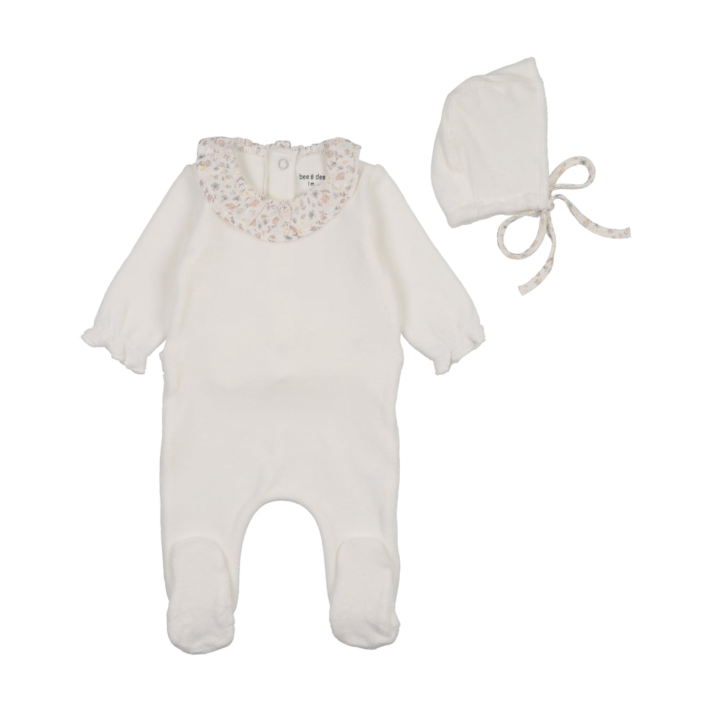 Bee & Dee Whimsical Bloom Collar Footie And Bonnet - Chalk White Girls