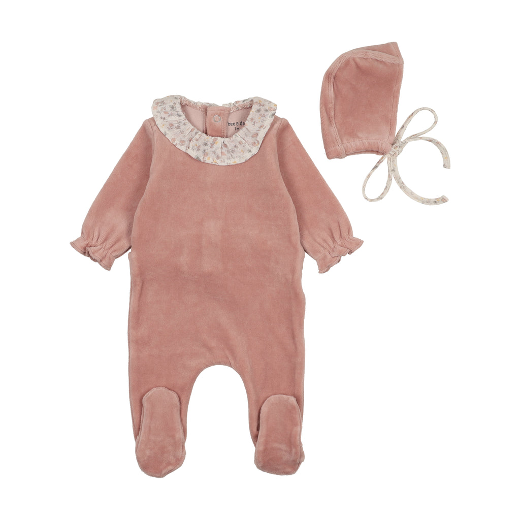 Bee & Dee Whimsical Bloom Collar Footie And Bonnet - Dusty Pink