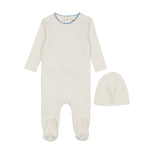 Load image into Gallery viewer, Mema Knits Polka Dot Footie &amp; Beanie - Marshmallow/Blue