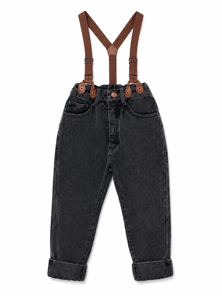 Calla Lili Boys Denim Pants With Suspenders - Black