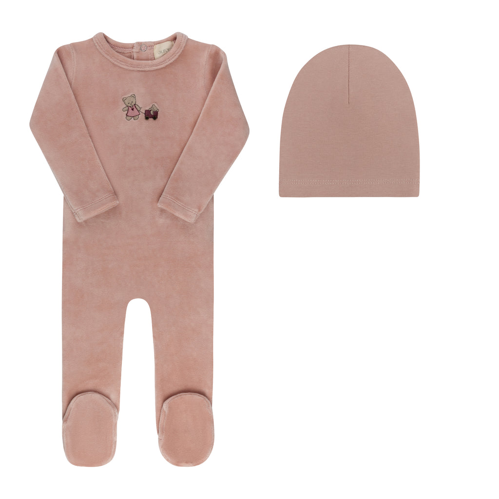 Aurora Embroidered Bear Collection Footie And Beanie - Pink