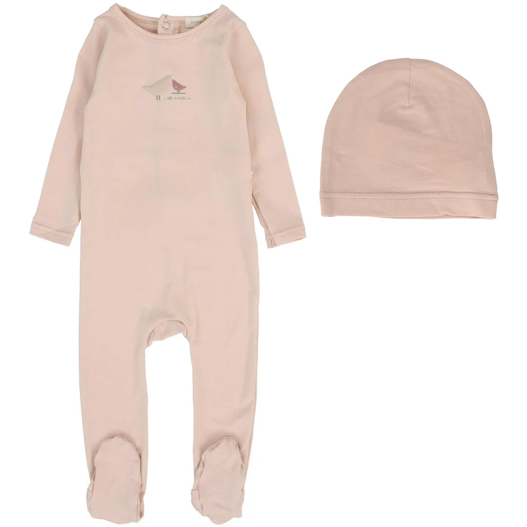 Lil Legs Bird Print Footie & Beanie - Pink