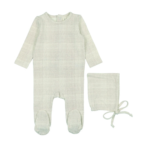 Lil Legs Grid Footie & Bonnet - Cream/Blue