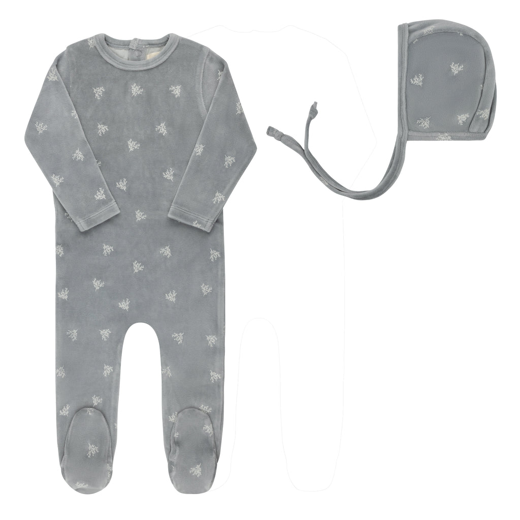 Ely's & Co Velour Leaf Pattern Collection Footie And Bonnet - Blue