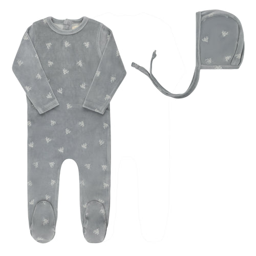 Ely's & Co Velour Leaf Pattern Collection Footie And Bonnet - Blue