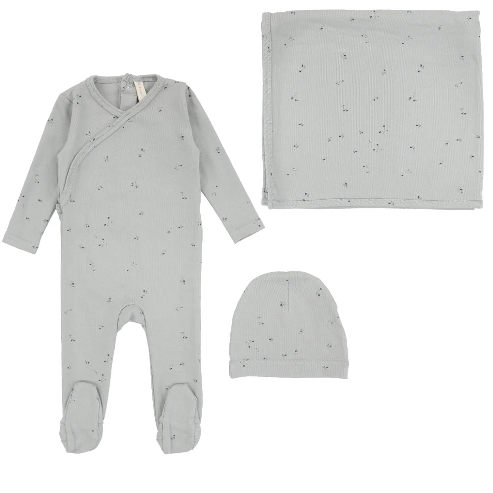 Lilette Printed Wrapover 3PC Layette Set - Clover Dusty Blue