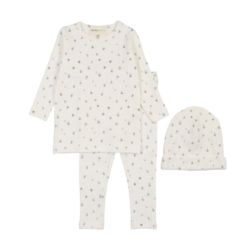 Mema Polka Dot Floral Print 2PC Set & Beanie - Floral Blue