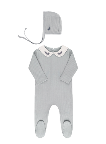 Ely's & Co Organic Embroidered Collar Collection Footie & Bonnet - Blue Leaf