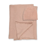 Peluche Crochet Waffle Knit Blanket +Beanie - Rose