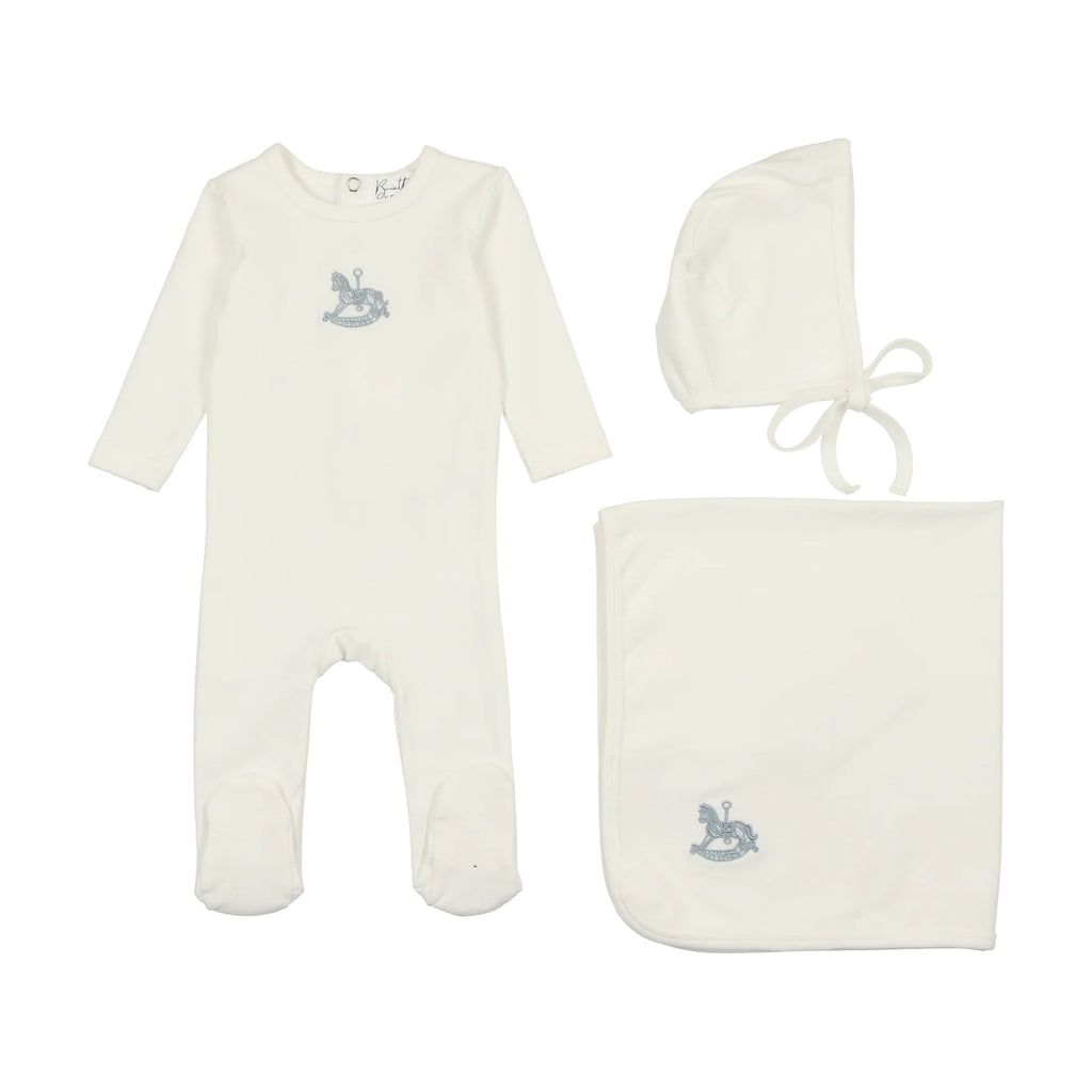 Bopop Rocking Horse Embroidered 3PC Set - White & Blue