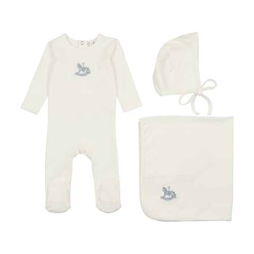 Bopop Rocking Horse Embroidered 3PC Set - White & Blue