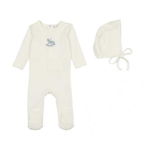 Bopop Rocking Horse Embroidered Footie & Beanie - White & Blue